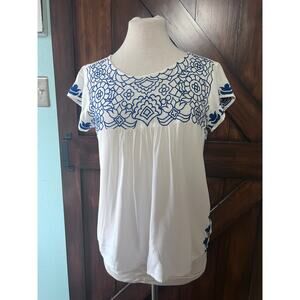 Ariat White Bohemian Western Blue Embroidered Blouse Womens S/M